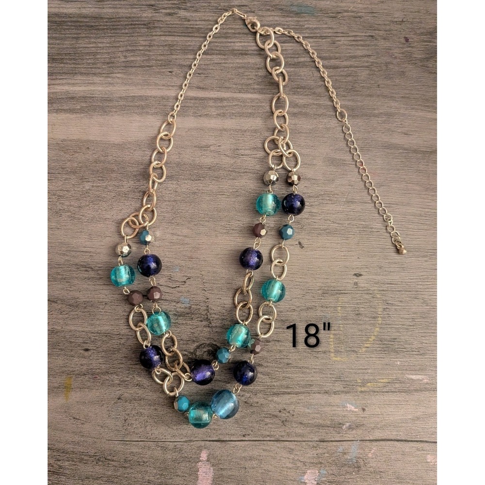 Blue Purple Glass Bead Double Strand Gold Tone Layered Statement Necklace 18"
